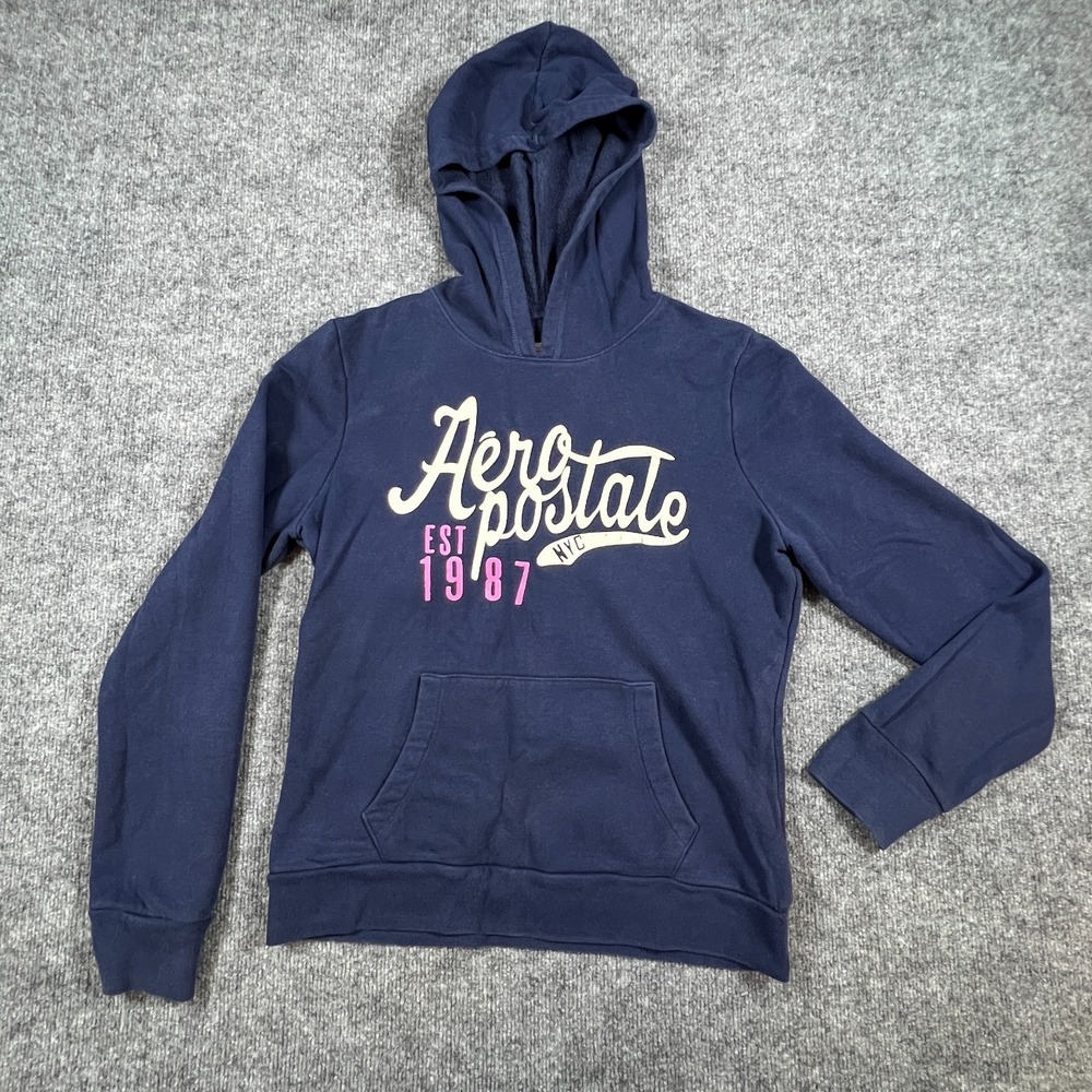 Aeropostale Hoodie Womens Large Navy Blue Graphic Logo 1987 Fleece Lined Cotton